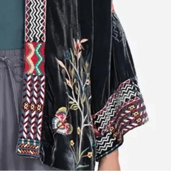 Johnny Was Gen Boho Velvet Floral Embroidered Kimono Jacket Jasper NWT